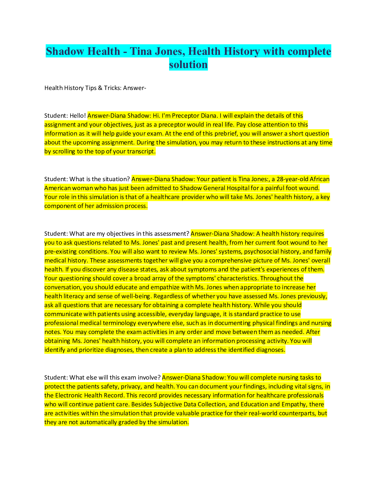 Preview image for Shadow Health - Tina Jones, Health History with complete solution